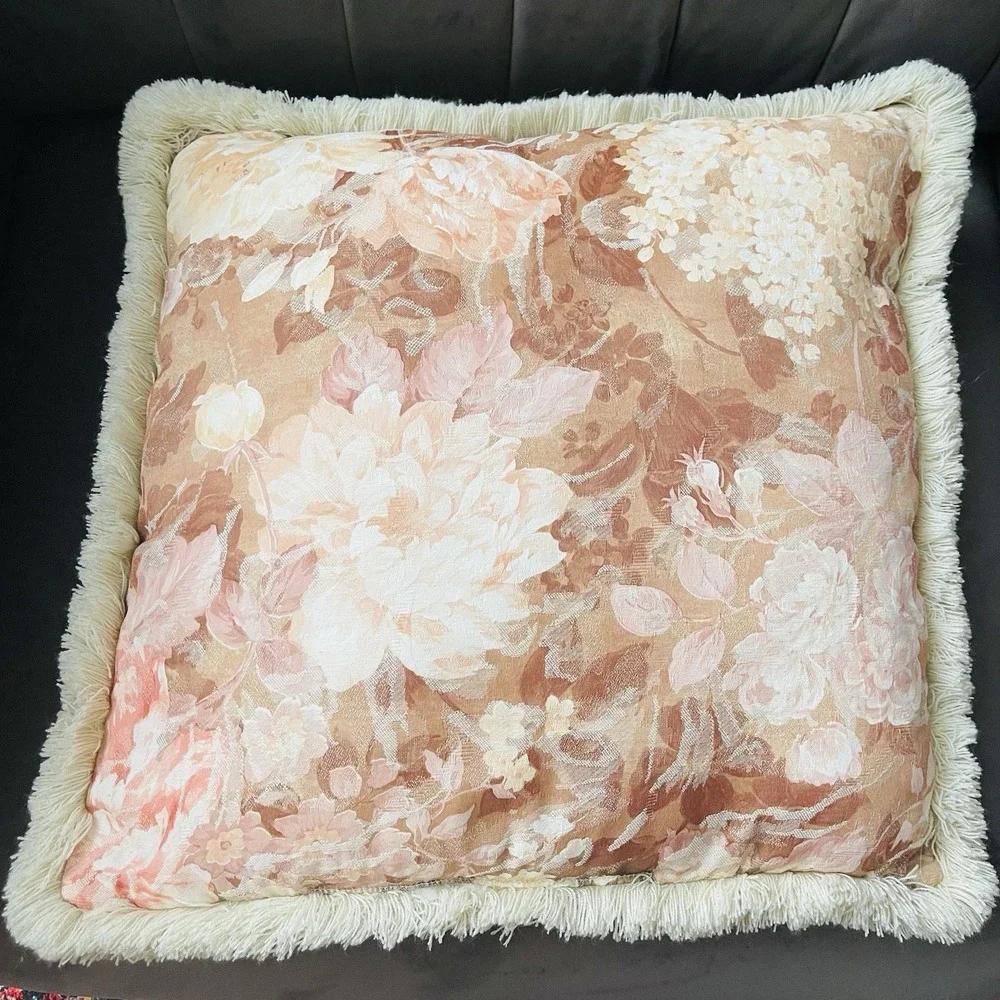 Vintage Peony Floral Jacquard Tapestry Fringe Pillows Beige Multi Cottage Granny
